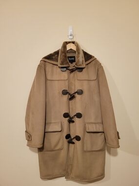 Men's Romp The Wear For Luxury Tan Hooded Duffle Coat Faux Fur Collar Size Large